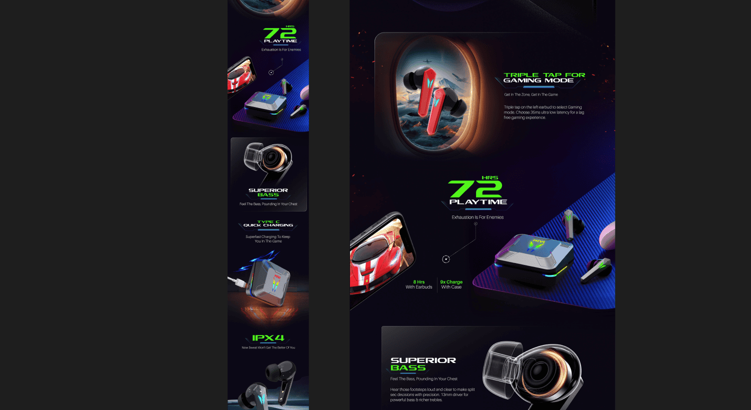 Mivi gaming earbuds product page with feature-focused sections